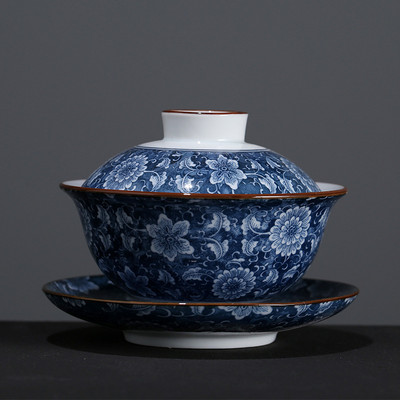 Mėlynos ir baltos spalvos porcelianiniai „Gaiwan“ arbatos puodeliai „Kung Fu“ arbatos rinkinys Keraminis baltas porcelianinis „Tureen Gaiwan“ rankomis dažytas arbatos rinkinys Kinija