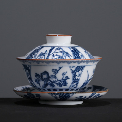 Mėlynos ir baltos spalvos porcelianiniai „Gaiwan“ arbatos puodeliai „Kung Fu“ arbatos rinkinys Keraminis baltas porcelianinis „Tureen Gaiwan“ rankomis dažytas arbatos rinkinys Kinija