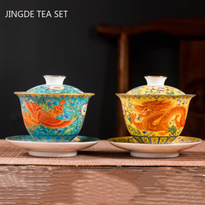 Kerámia Sancai Gaiwan Bowl Dragon és Phoenix Master Cup teáscsésze kézzel készített zománcozott színes teástál csúcsminőségű Respect teáskészlet