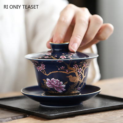 Palace Luxus zománcozott kerámia Gaiwan teáscsésze kézzel festett virágmintás tea tureen utazási teástál otthoni teás edény, ivóeszköz 150 ml