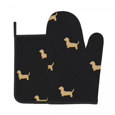 Mănușă de bucătărie cu imprimeu auriu de câine, cu animale distractive, rezistente la căldură, pentru grătar, pentru panificație, suport pentru oală, set de mănuși pentru cuptor cu microunde