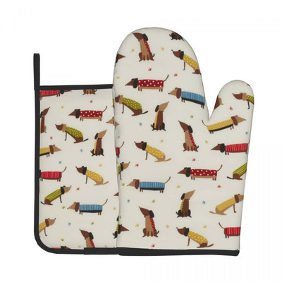 Mănușă de bucătărie cu imprimeu auriu de câine, cu animale distractive, rezistente la căldură, pentru grătar, pentru panificație, suport pentru oală, set de mănuși pentru cuptor cu microunde