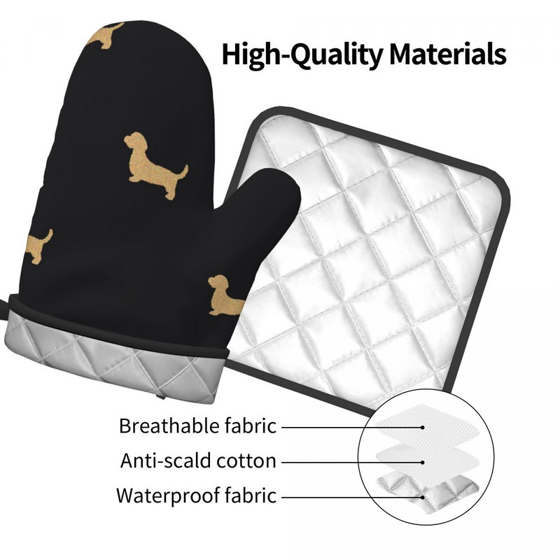 Mănușă de bucătărie cu imprimeu auriu de câine, cu animale distractive, rezistente la căldură, pentru grătar, pentru panificație, suport pentru oală, set de mănuși pentru cuptor cu microunde