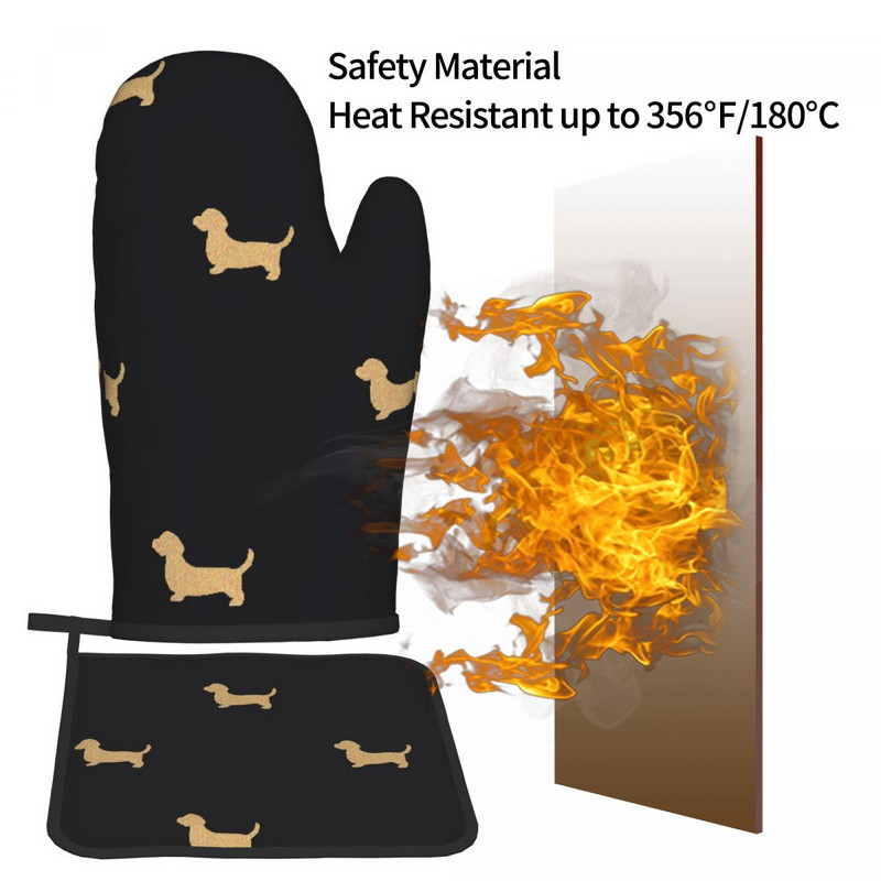 Mănușă de bucătărie cu imprimeu auriu de câine, cu animale distractive, rezistente la căldură, pentru grătar, pentru panificație, suport pentru oală, set de mănuși pentru cuptor cu microunde