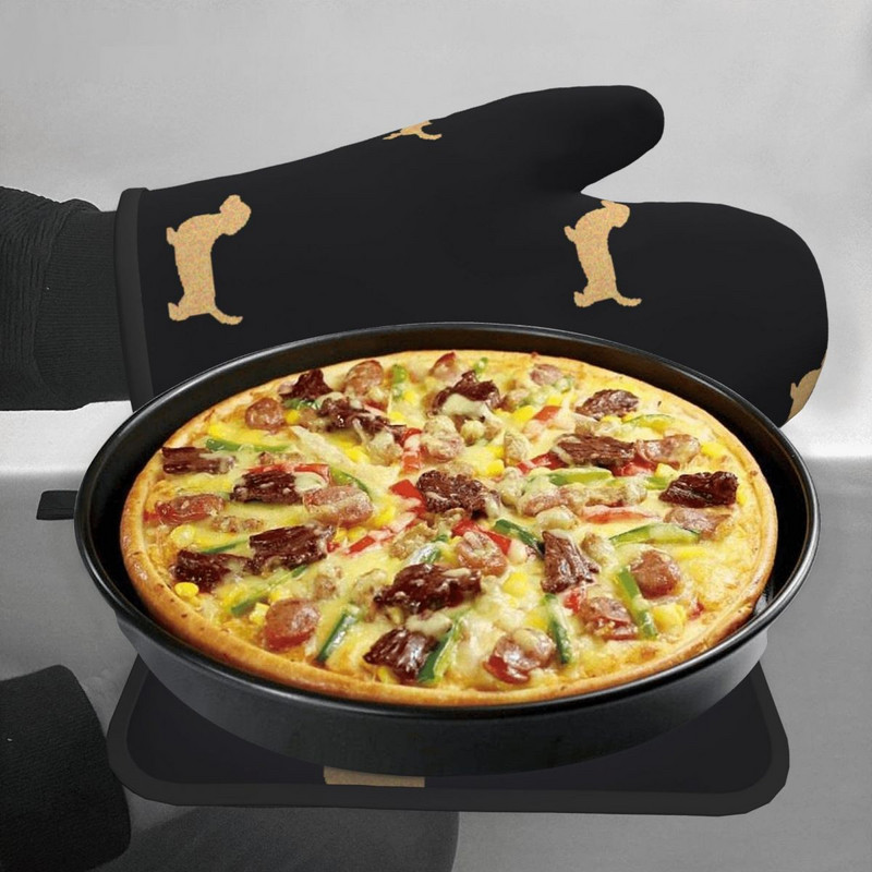 Mănușă de bucătărie cu imprimeu auriu de câine, cu animale distractive, rezistente la căldură, pentru grătar, pentru panificație, suport pentru oală, set de mănuși pentru cuptor cu microunde