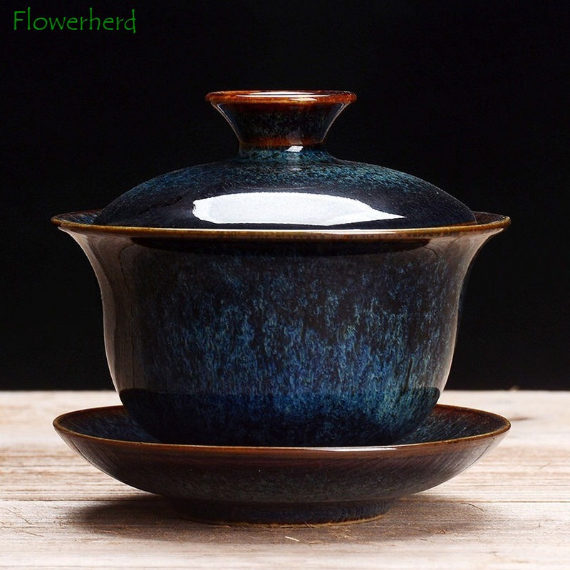 Keraminis Gaiwan arbatos indas Kung Fu arbatos rinkinio puodelio krosnis, pakeista Portelain arbata Tureen arbatos dubuo Sancai Gaiwan arbatos puodelis Namų didelis arbatos virimo aparatas