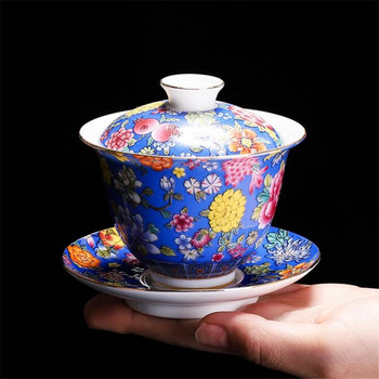 200 ml Китайски традиции Gai Wan Enamel Color Kungfu Чаен комплект Голяма купа за чай Бял порцеланов комплект чаша за чай и чинийка Чайник за пътуване