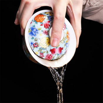200 ml Китайски традиции Gai Wan Enamel Color Kungfu Чаен комплект Голяма купа за чай Бял порцеланов комплект чаша за чай и чинийка Чайник за пътуване
