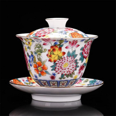 200 ml kinų tradicijų Gai Wan emalio spalvos Kungfu arbatos rinkinys Didelis arbatos dubuo Baltas porcelianinis arbatos puodelis ir lėkštės rinkinys Kelioninis arbatinukas