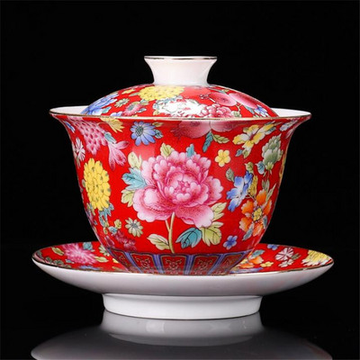 200 ml kinų tradicijų Gai Wan emalio spalvos Kungfu arbatos rinkinys Didelis arbatos dubuo Baltas porcelianinis arbatos puodelis ir lėkštės rinkinys Kelioninis arbatinukas