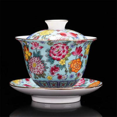 200 ml kinų tradicijų Gai Wan emalio spalvos Kungfu arbatos rinkinys Didelis arbatos dubuo Baltas porcelianinis arbatos puodelis ir lėkštės rinkinys Kelioninis arbatinukas