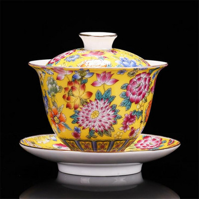 200 ml kinų tradicijų Gai Wan emalio spalvos Kungfu arbatos rinkinys Didelis arbatos dubuo Baltas porcelianinis arbatos puodelis ir lėkštės rinkinys Kelioninis arbatinukas