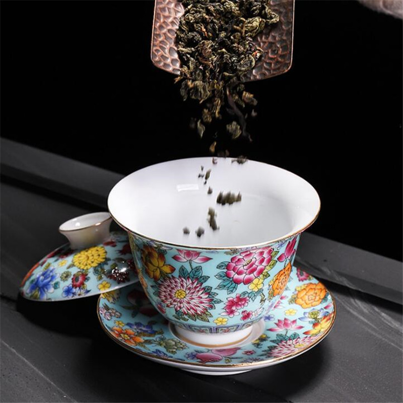 200 ml kinų tradicijų Gai Wan emalio spalvos Kungfu arbatos rinkinys Didelis arbatos dubuo Baltas porcelianinis arbatos puodelis ir lėkštės rinkinys Kelioninis arbatinukas