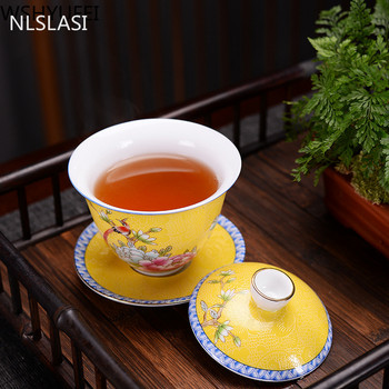 NLSLASI Jingdezhen κεραμικά Gaiwan Exquisite Emal Color Χειροποίητο μπολ τσαγιού Ζωγραφισμένο στο χέρι Σετ λουλουδιών και πουλιών 150ml Ποτό