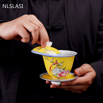 NLSLASI Jingdezhen ceramics Gaiwan Exquisite Enamel Color Ръчно изработена купа за чай Ръчно рисувани цветя и птици Чайник 150 мл.