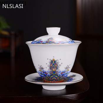 NLSLASI Jingdezhen ceramics Gaiwan Exquisite Enamel Color Ръчно изработена купа за чай Ръчно рисувани цветя и птици Чайник 150 мл.