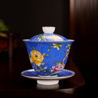NLSLASI Jingdezhen kerámia Gaiwan Exquisite Zománc színű kézzel készített teástál Kézzel festett virág és madár teaset 150 ml Italkészlet