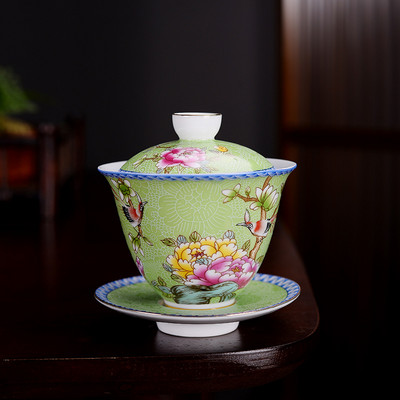 NLSLASI Jingdezhen kerámia Gaiwan Exquisite Zománc színű kézzel készített teástál Kézzel festett virág és madár teaset 150 ml Italkészlet