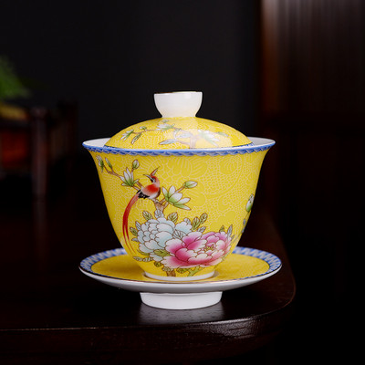 NLSLASI Jingdezhen kerámia Gaiwan Exquisite Zománc színű kézzel készített teástál Kézzel festett virág és madár teaset 150 ml Italkészlet