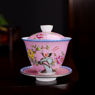 NLSLASI Jingdezhen kerámia Gaiwan Exquisite Zománc színű kézzel készített teástál Kézzel festett virág és madár teaset 150 ml Italkészlet