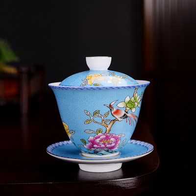 NLSLASI Jingdezhen kerámia Gaiwan Exquisite Zománc színű kézzel készített teástál Kézzel festett virág és madár teaset 150 ml Italkészlet