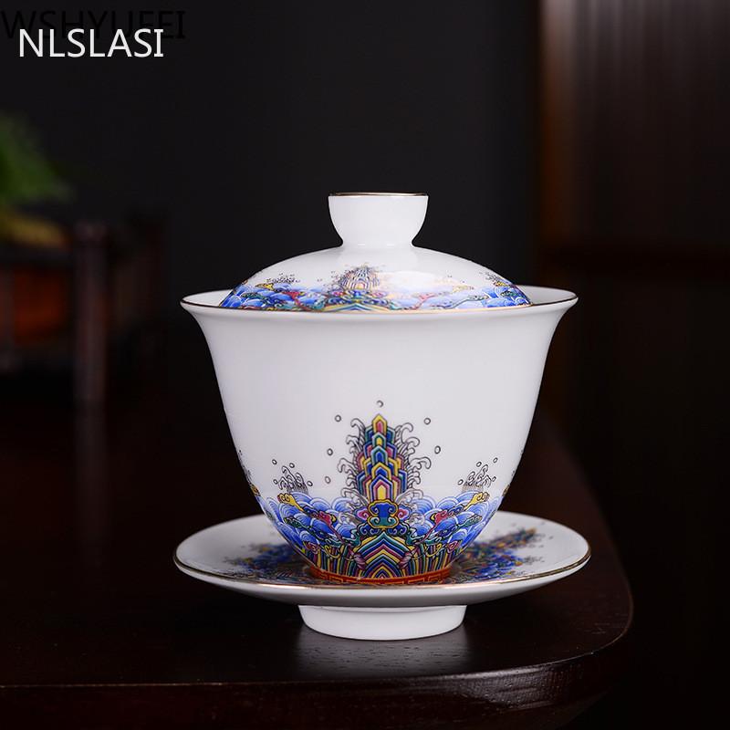 NLSLASI Jingdezhen kerámia Gaiwan Exquisite Zománc színű kézzel készített teástál Kézzel festett virág és madár teaset 150 ml Italkészlet
