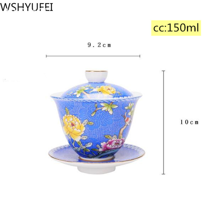 NLSLASI Jingdezhen kerámia Gaiwan Exquisite Zománc színű kézzel készített teástál Kézzel festett virág és madár teaset 150 ml Italkészlet