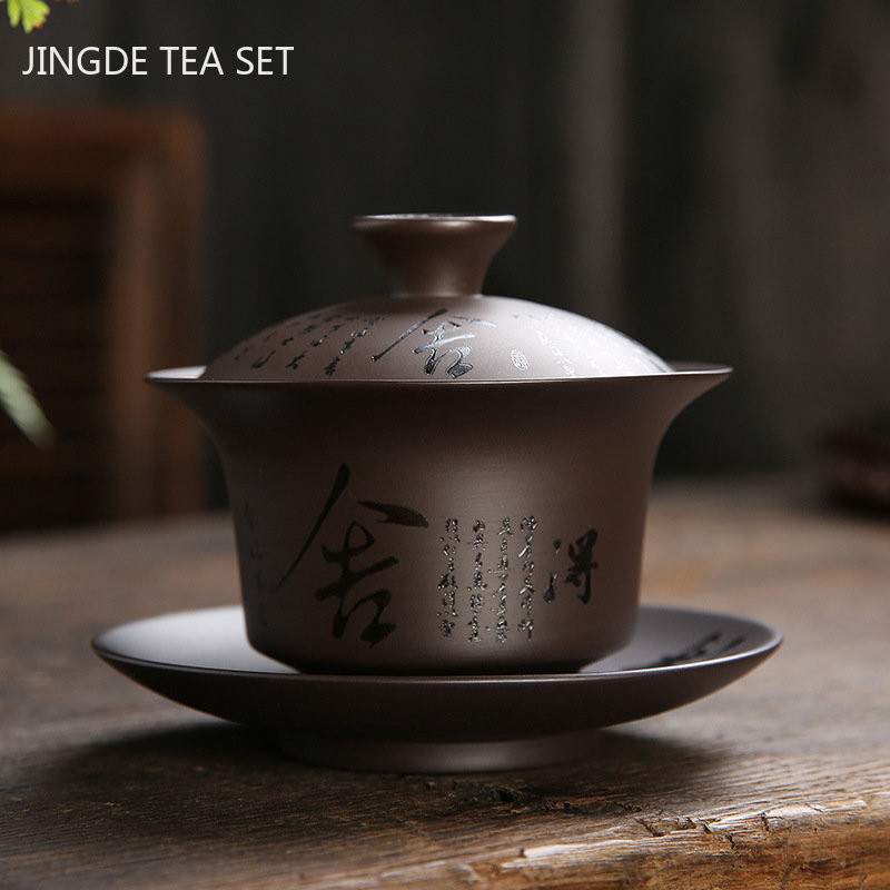 180 ml Vintage purpura māla Gaiwan ķīniešu roku darbs tējas tase mājsaimniecības skaistumkopšanas tējas infuser pielāgota pārnēsājama tējas krūze ar vāku