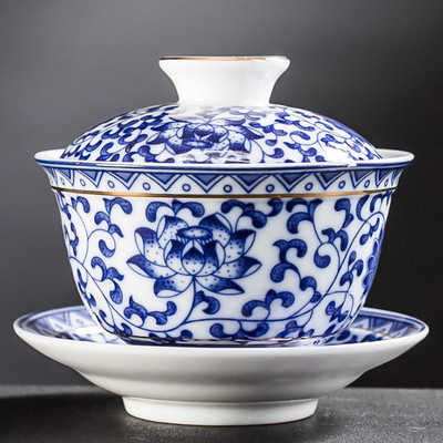 Jingdezhen kék-fehér porcelán tea tureen tál kézzel készített kerámia teáscsésze utazási hordozható Gaiwan otthoni teáskészlet ivóedény 160 ml