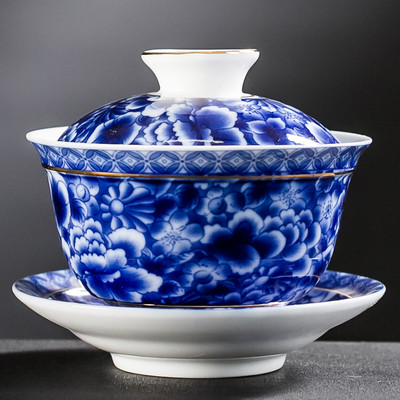 Jingdezhen kék-fehér porcelán tea tureen tál kézzel készített kerámia teáscsésze utazási hordozható Gaiwan otthoni teáskészlet ivóedény 160 ml