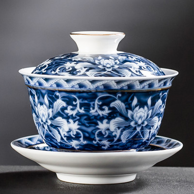 Jingdezhen kék-fehér porcelán tea tureen tál kézzel készített kerámia teáscsésze utazási hordozható Gaiwan otthoni teáskészlet ivóedény 160 ml