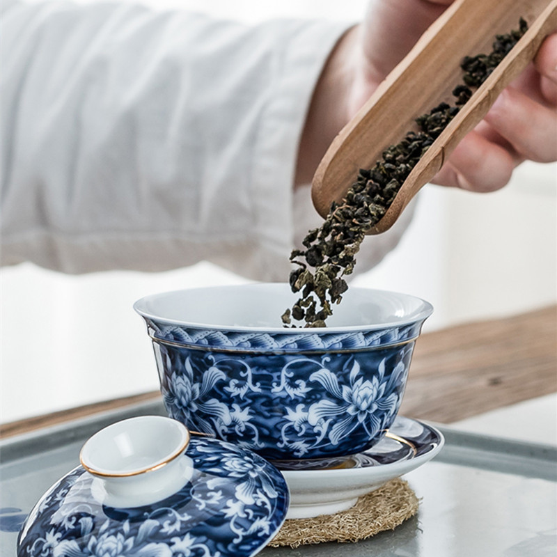 Jingdezhen kék-fehér porcelán tea tureen tál kézzel készített kerámia teáscsésze utazási hordozható Gaiwan otthoni teáskészlet ivóedény 160 ml