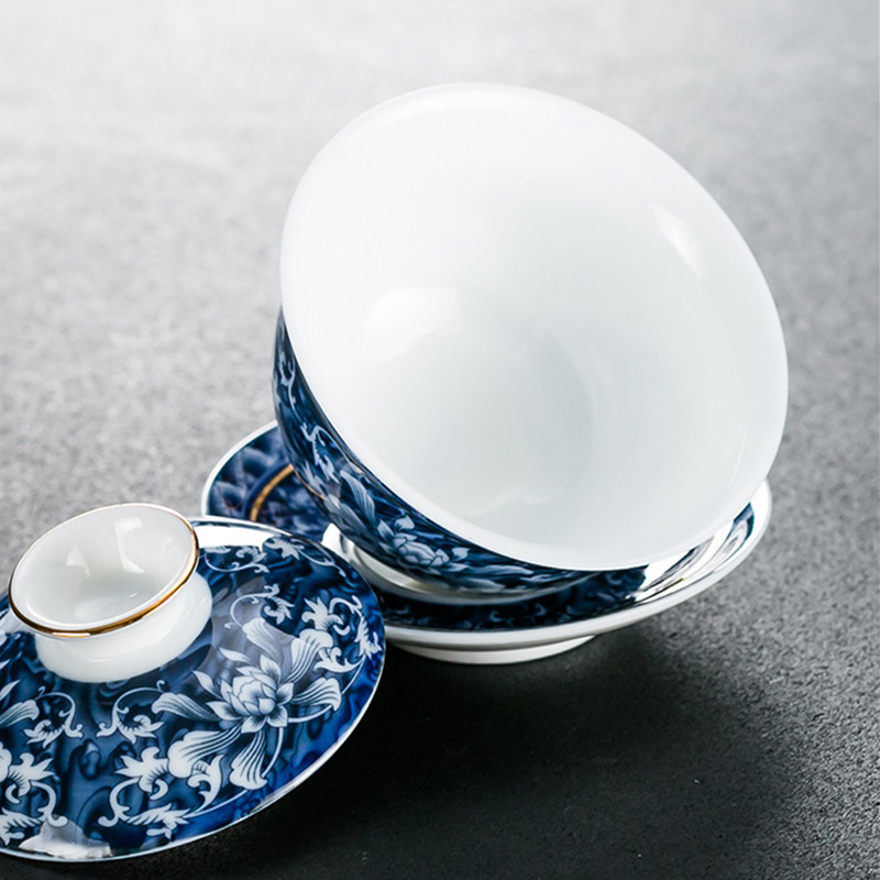 Jingdezhen kék-fehér porcelán tea tureen tál kézzel készített kerámia teáscsésze utazási hordozható Gaiwan otthoni teáskészlet ivóedény 160 ml