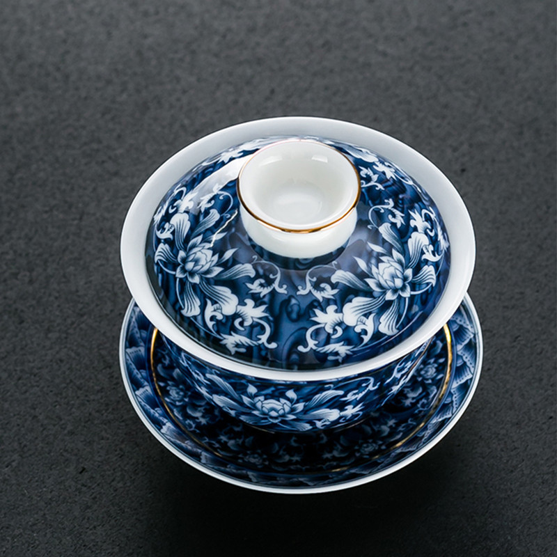 Jingdezhen kék-fehér porcelán tea tureen tál kézzel készített kerámia teáscsésze utazási hordozható Gaiwan otthoni teáskészlet ivóedény 160 ml
