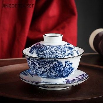 Китайски ретро синьо-бял порцелан Gaiwan Ръчно изработена керамична купа за чай Чаша за домашен чай Чаена церемония Лична чаша