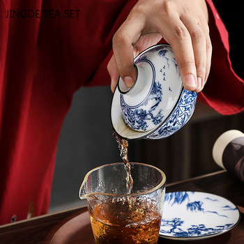 Китайски ретро синьо-бял порцелан Gaiwan Ръчно изработена керамична купа за чай Чаша за домашен чай Чаена церемония Лична чаша