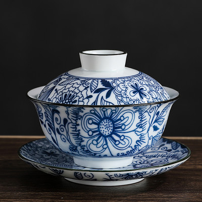 Kinijos vintažinio mėlynos ir baltos spalvos porcelianinis Gaiwan rankų darbo keramikinis arbatos dubuo arbatos puodelis namų arbatos indai arbatos ceremonijos asmeninis puodelis