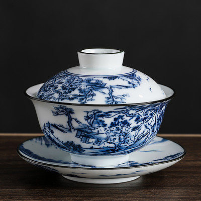 Kinijos vintažinio mėlynos ir baltos spalvos porcelianinis Gaiwan rankų darbo keramikinis arbatos dubuo arbatos puodelis namų arbatos indai arbatos ceremonijos asmeninis puodelis