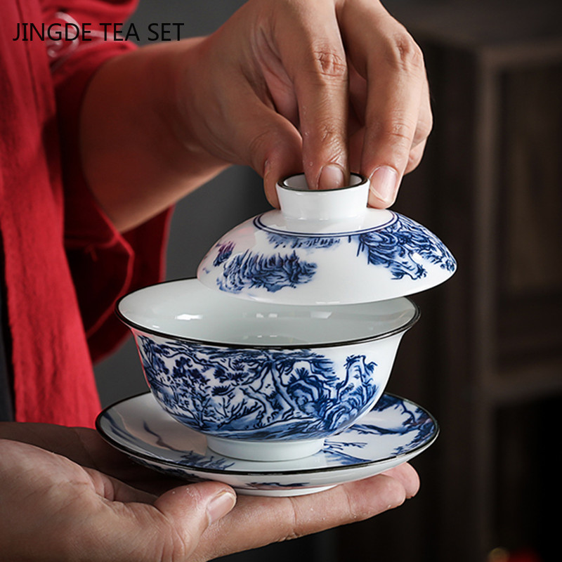 Kinijos vintažinio mėlynos ir baltos spalvos porcelianinis Gaiwan rankų darbo keramikinis arbatos dubuo arbatos puodelis namų arbatos indai arbatos ceremonijos asmeninis puodelis