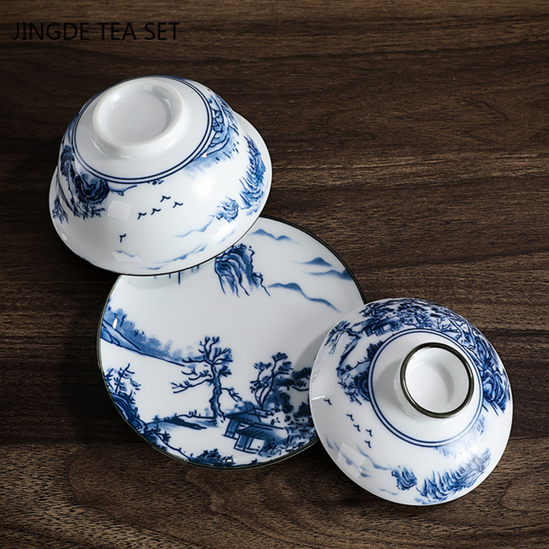 Kinijos vintažinio mėlynos ir baltos spalvos porcelianinis Gaiwan rankų darbo keramikinis arbatos dubuo arbatos puodelis namų arbatos indai arbatos ceremonijos asmeninis puodelis