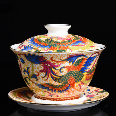 Palace Emalja Dragon Pattern Ceramic Gaiwan Ķīniešu roku darbs tējas tase Ceļojumu tējas trauks Mājas tējas piederumi Aksesuāri Dzērienu trauki 170ml