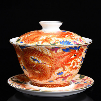 Palace Emalja Dragon Pattern Ceramic Gaiwan Ķīniešu roku darbs tējas tase Ceļojumu tējas trauks Mājas tējas piederumi Aksesuāri Dzērienu trauki 170ml