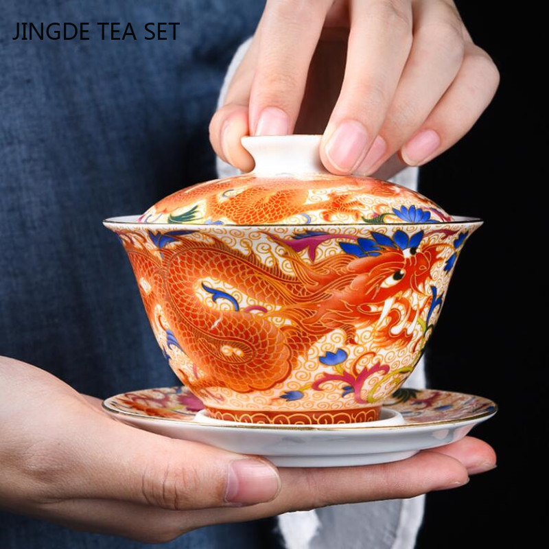 Palace Emalja Dragon Pattern Ceramic Gaiwan Ķīniešu roku darbs tējas tase Ceļojumu tējas trauks Mājas tējas piederumi Aksesuāri Dzērienu trauki 170ml
