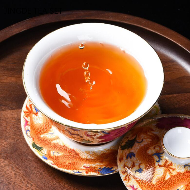 Palace Emalja Dragon Pattern Ceramic Gaiwan Ķīniešu roku darbs tējas tase Ceļojumu tējas trauks Mājas tējas piederumi Aksesuāri Dzērienu trauki 170ml