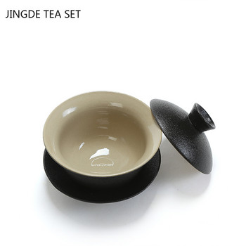 Черна керамика Gaiwan Boutique с капак Чаша за чай Домашна ръчно изработена супница за чай Аксесоари за китайска чаена церемония Персонализирани сервизи за чай