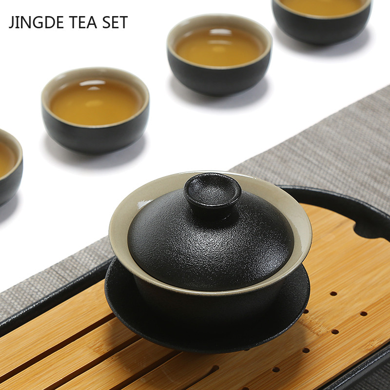 Black Ceramics Gaiwan Boutique ar vāku tējas tasei Mājas rokām gatavota tēja Tureen Ķīniešu tējas ceremonijas piederumi pielāgoti tējas komplekti