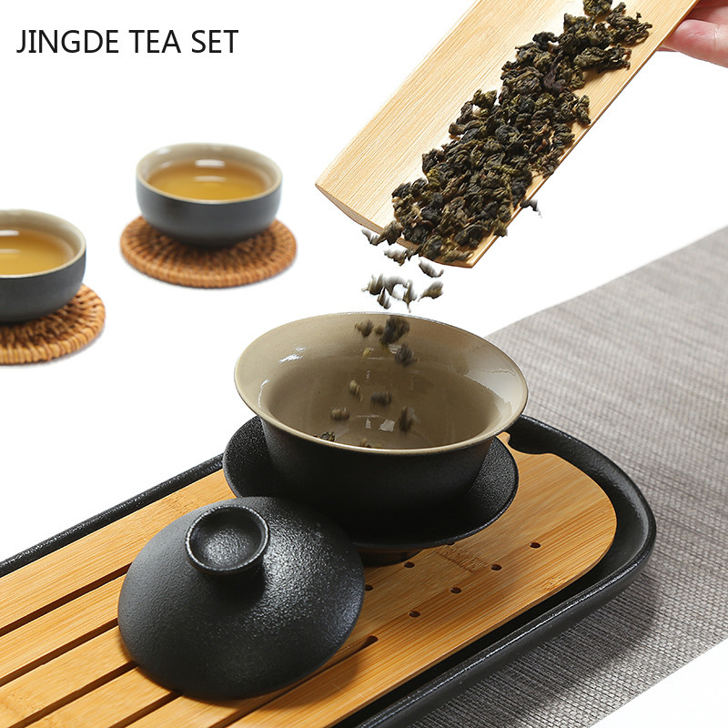 Black Ceramics Gaiwan Boutique ar vāku tējas tasei Mājas rokām gatavota tēja Tureen Ķīniešu tējas ceremonijas piederumi pielāgoti tējas komplekti