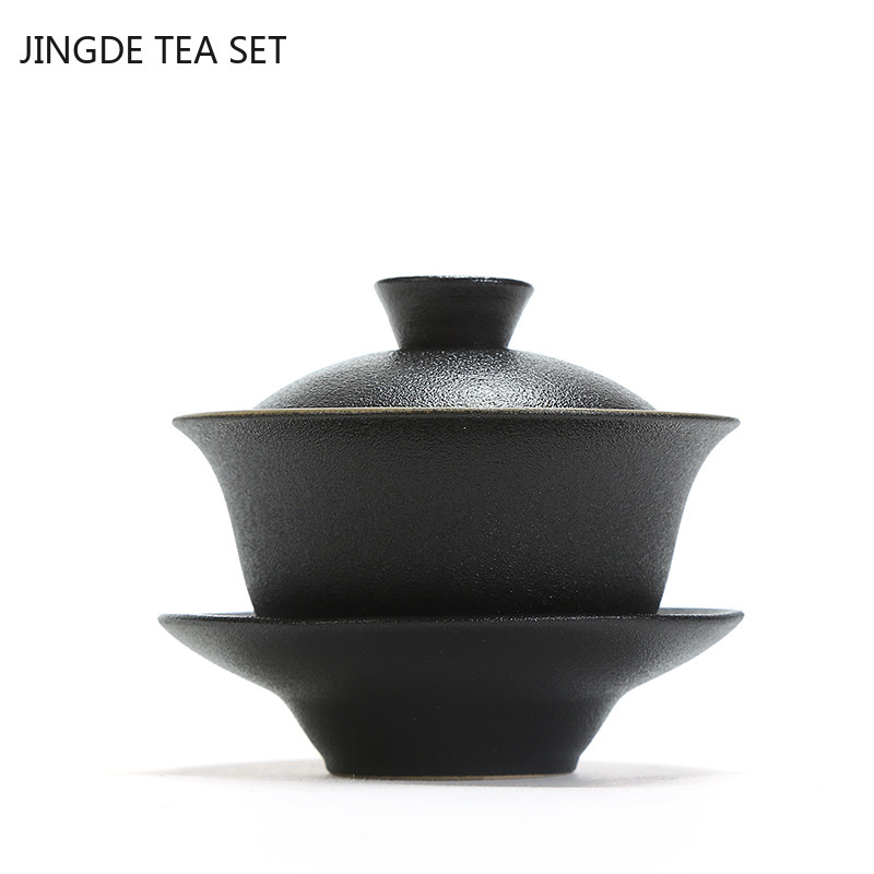 Black Ceramics Gaiwan Boutique ar vāku tējas tasei Mājas rokām gatavota tēja Tureen Ķīniešu tējas ceremonijas piederumi pielāgoti tējas komplekti