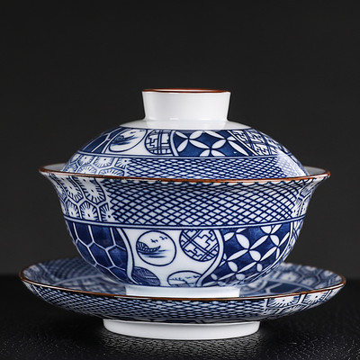 Vintage zilā un baltā porcelāna Gaiwan rokām darināta keramikas tējas krūze, pārnēsājama ceļojumu tējas trauks, ķīniešu mājas tējas trauks personīgā krūze 150 ml