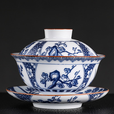 Vintage zilā un baltā porcelāna Gaiwan rokām darināta keramikas tējas krūze, pārnēsājama ceļojumu tējas trauks, ķīniešu mājas tējas trauks personīgā krūze 150 ml